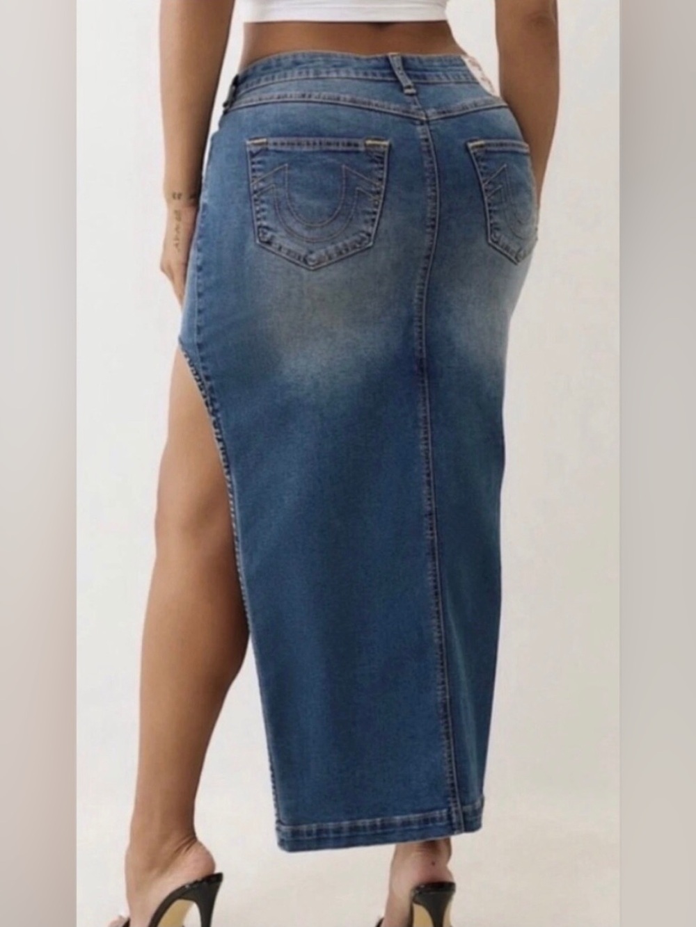 True Religion Womens Stretch  Maxi Cutout Denim Skirt Size 27